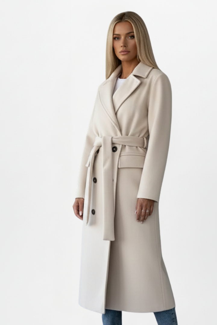 Women’s Coat Notched Collar Tie Waist Long Sleeve – Business Lunch