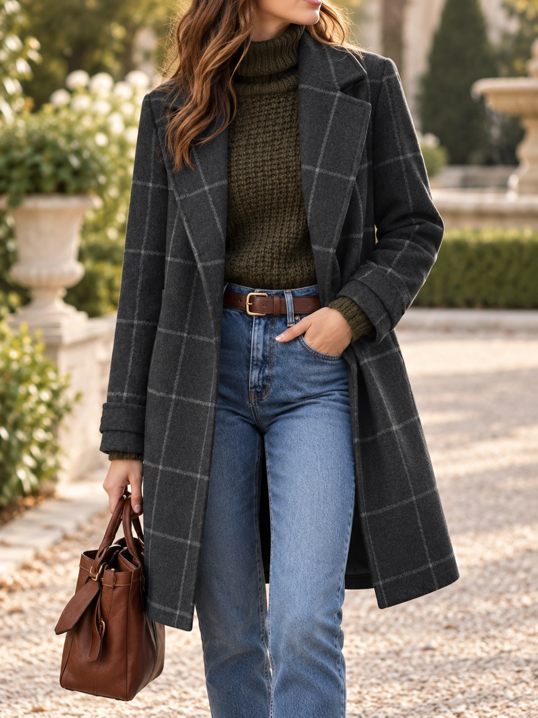 Women’s Coat Notched Lapel Windowpane Pattern Button Front Side Pockets – Café Meetups