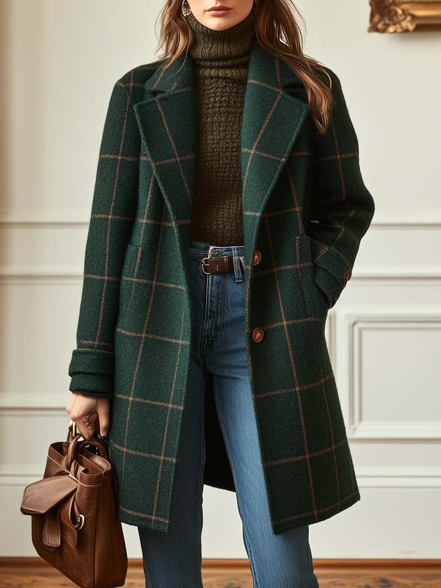 Women’s Coat Notched Lapel Windowpane Pattern Button Front Side Pockets – Café Meetups