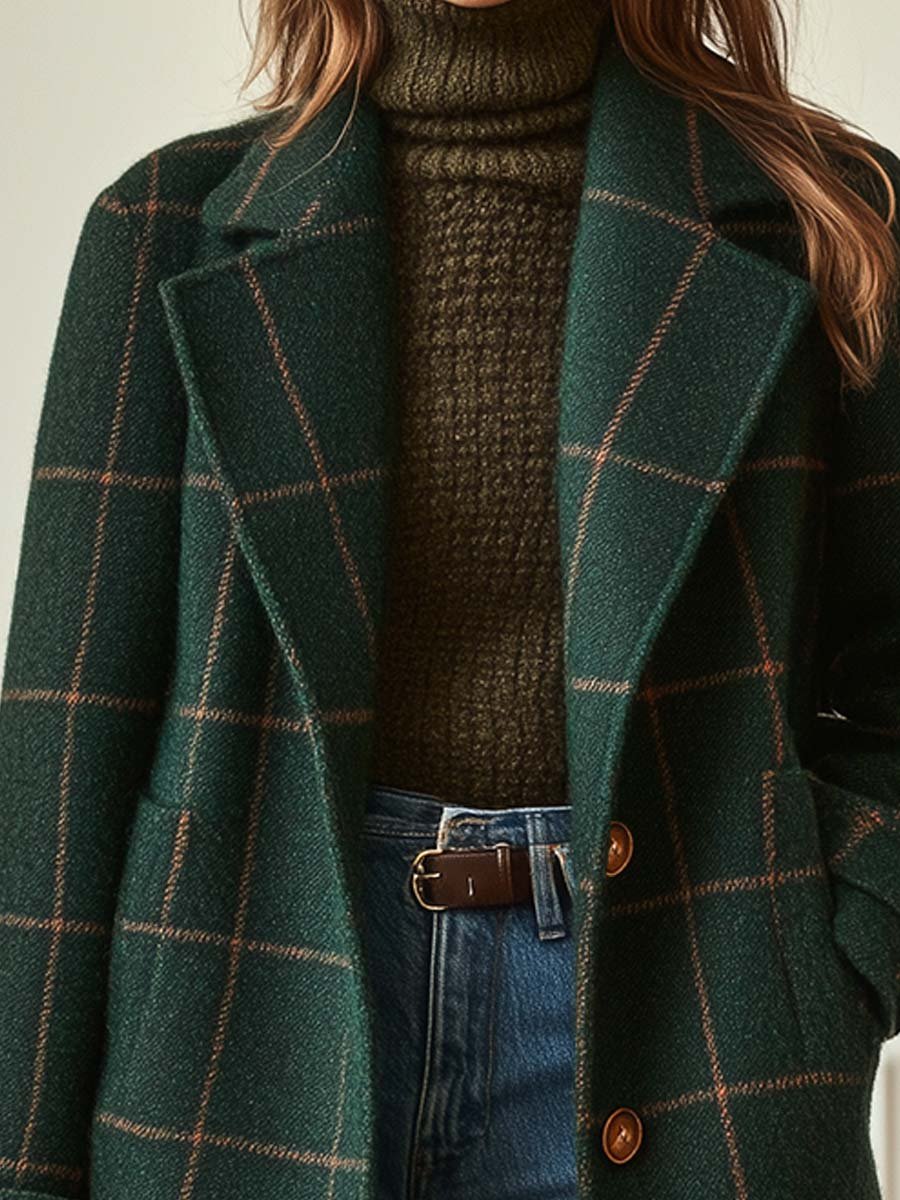 Women's Coat Plaid Longline Lapel Collar Button Front – Autumn Outing
