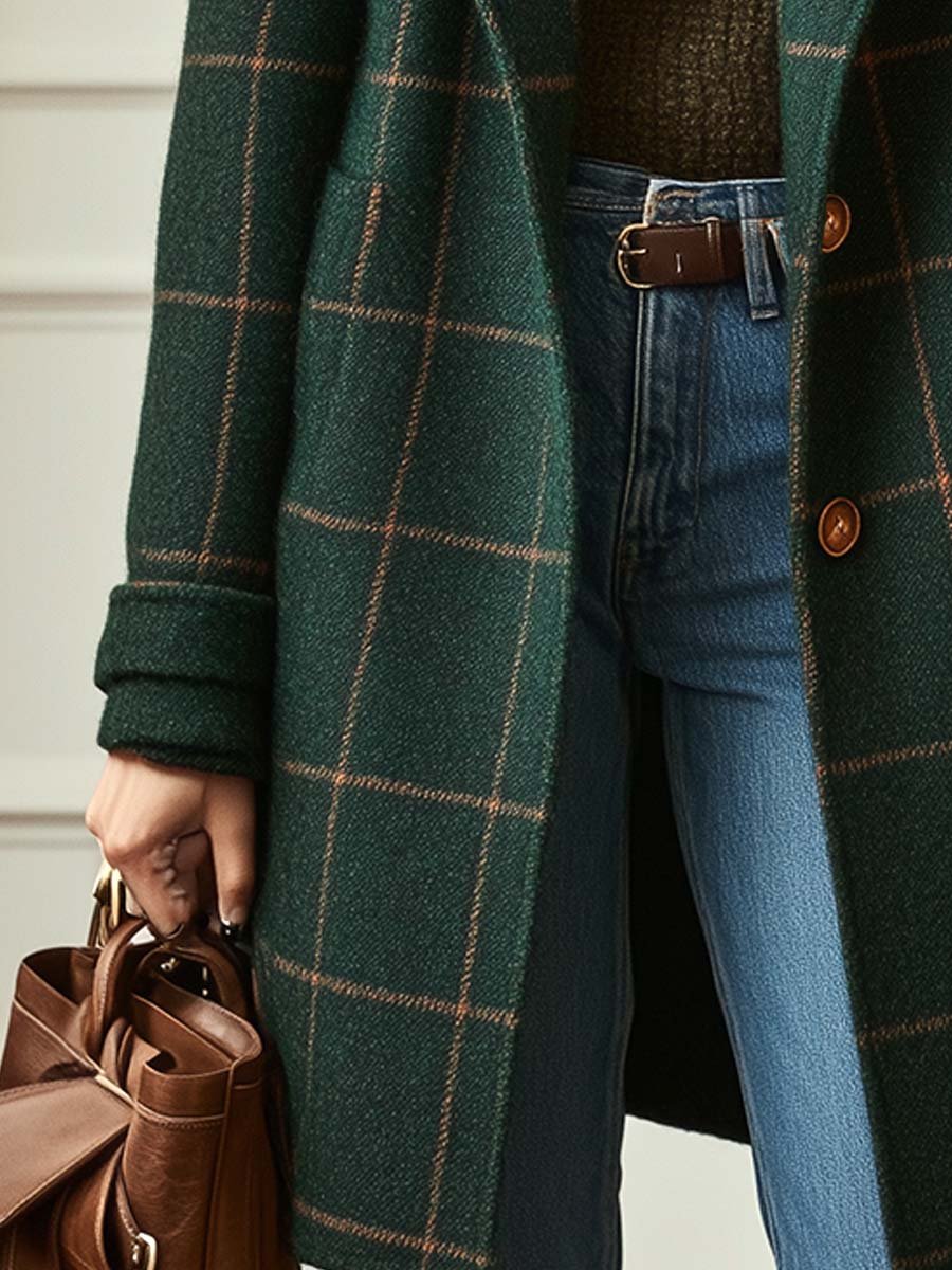 Women's Coat Plaid Longline Lapel Collar Button Front – Autumn Outing