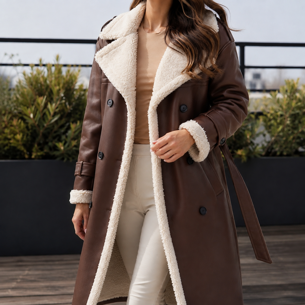 Women’s Coat Wide Lapels Double-Breasted Front Textured Trim – Evening Promenades