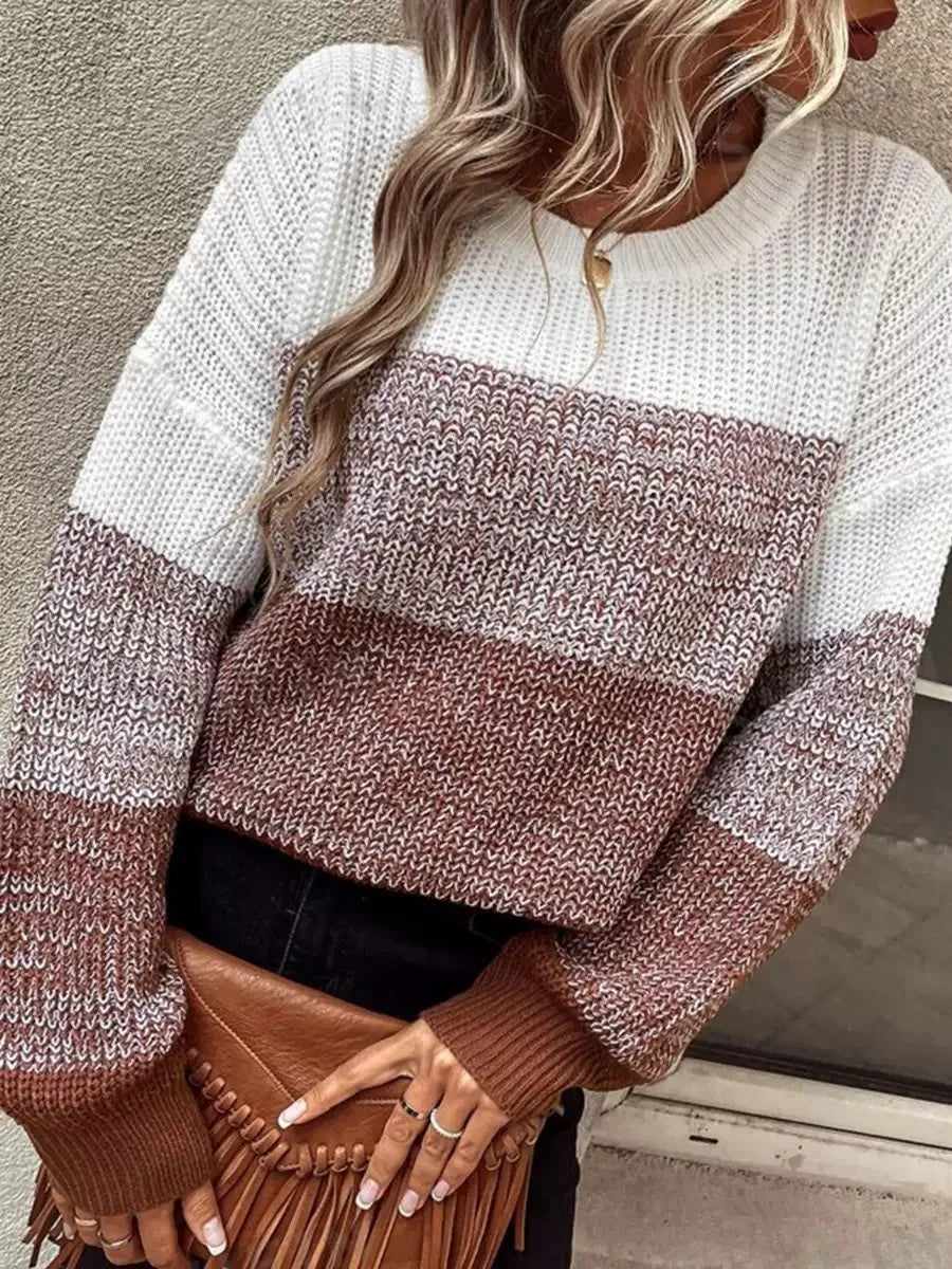 Women's Color Block Knit Sweater Crew Neck – Seasonal Casual Wear