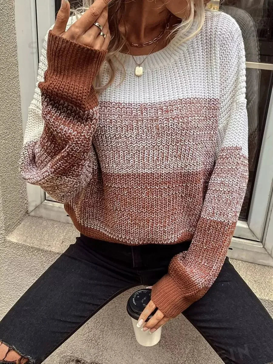 Women's Color Block Knit Sweater Crew Neck – Seasonal Casual Wear