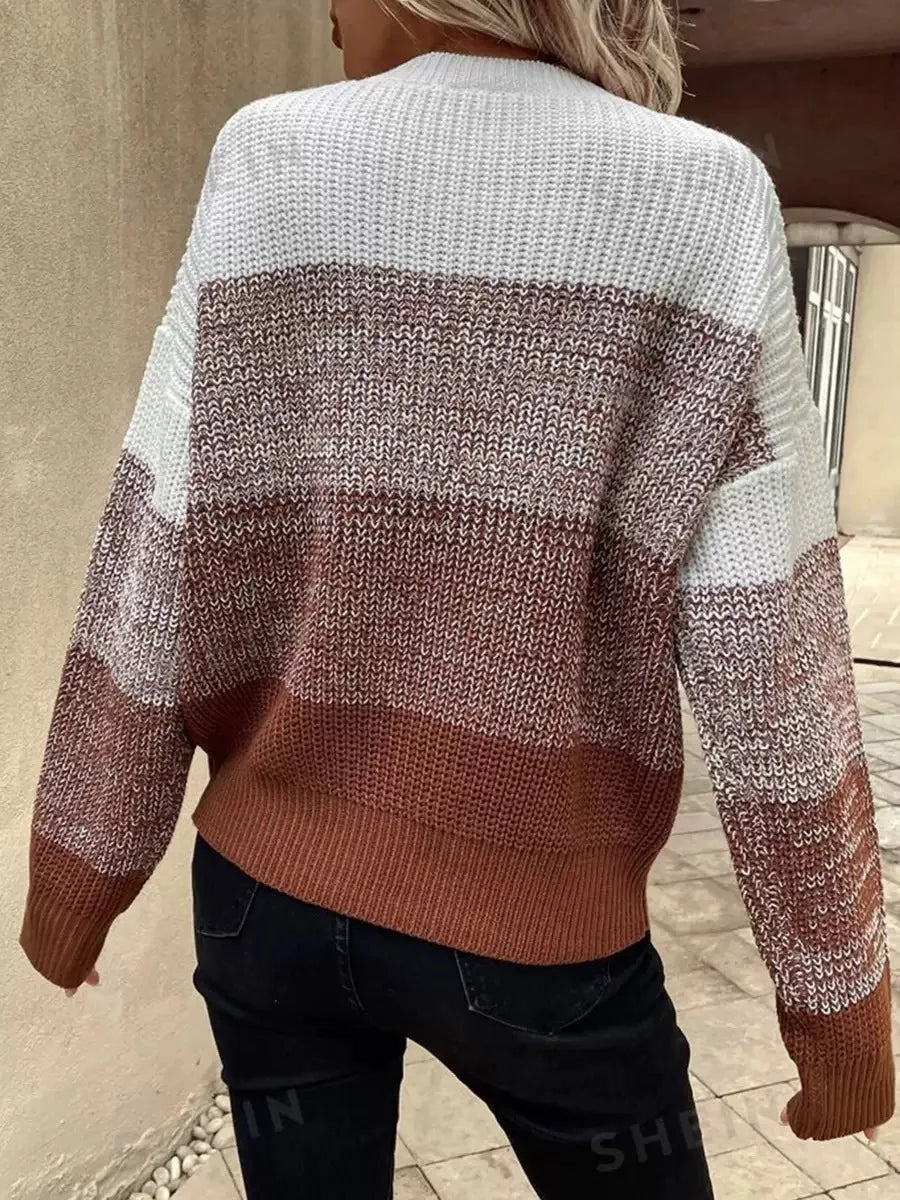 Women's Color Block Knit Sweater Crew Neck – Seasonal Casual Wear