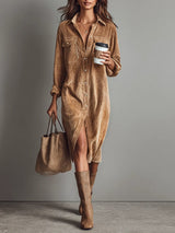 Women's Corduroy Midi Dress Button Front Long Sleeve – Casual Fall