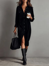 Women's Corduroy Midi Dress Button Front Long Sleeve – Casual Fall