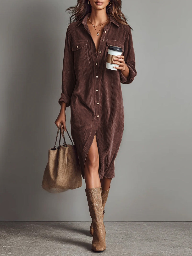 Women's Corduroy Midi Dress Button Front Long Sleeve – Casual Fall
