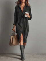 Women's Corduroy Midi Dress Button Front Long Sleeve – Casual Fall