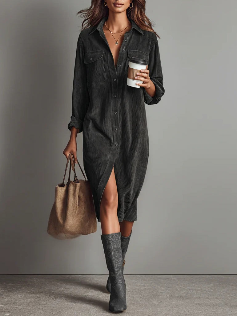 Women's Corduroy Midi Dress Button Front Long Sleeve – Casual Fall