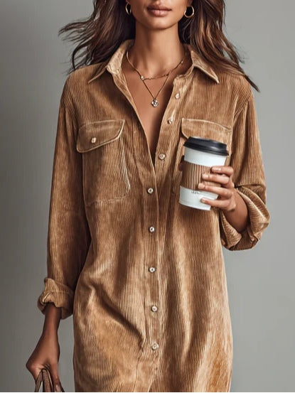 Women's Corduroy Midi Dress Button Front Long Sleeve – Casual Fall