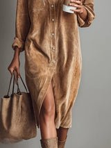 Women's Corduroy Midi Dress Button Front Long Sleeve – Casual Fall