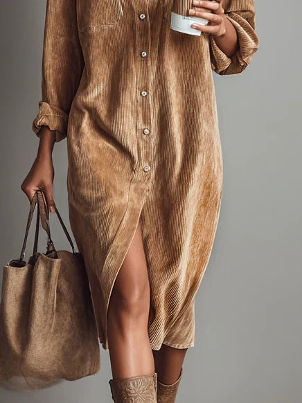 Women's Corduroy Midi Dress Button Front Long Sleeve – Casual Fall