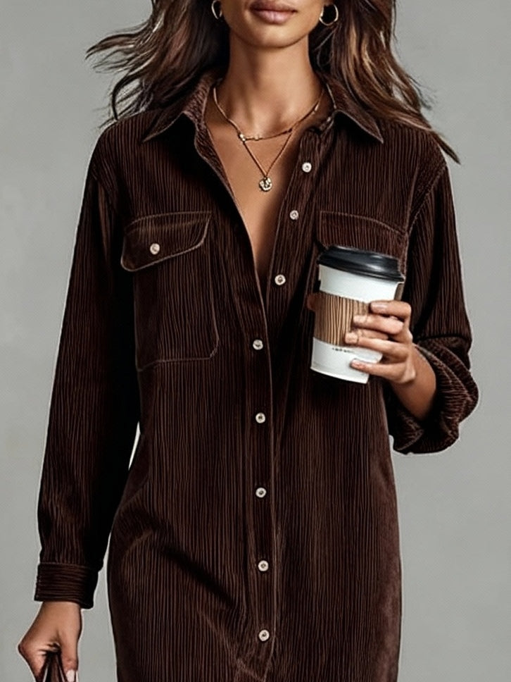 Women's Corduroy Midi Dress Button Front Long Sleeve – Casual Fall