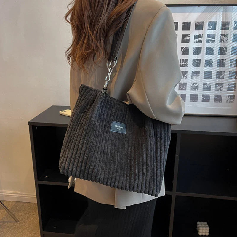 Women's Corduroy Shoulder Bag Zip Top Dual Strap – Everyday Tote