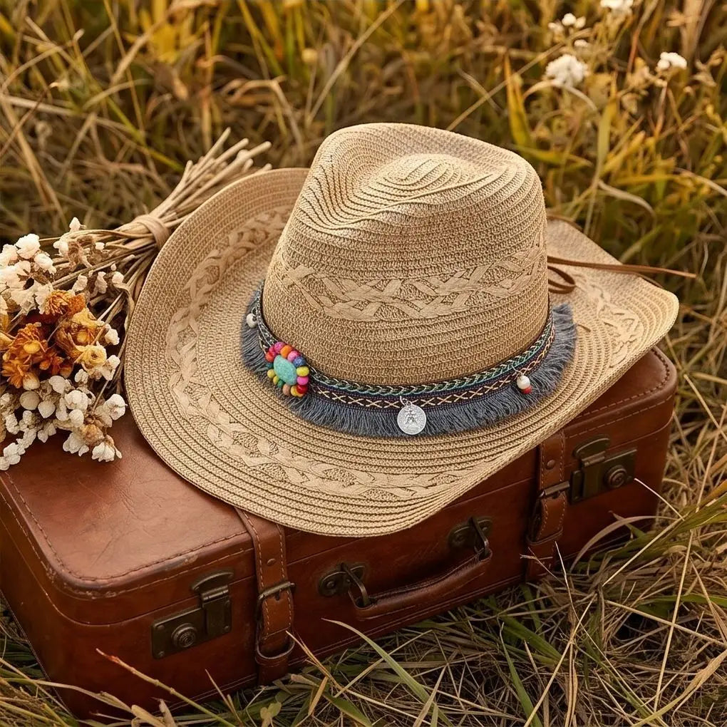 Women's Cowboy Straw Sun Hat Openwork Wide Brim Charm Band – Island Getaway