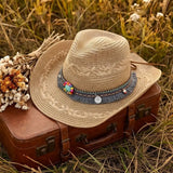 Women's Cowboy Straw Sun Hat Openwork Wide Brim Charm Band – Island Getaway