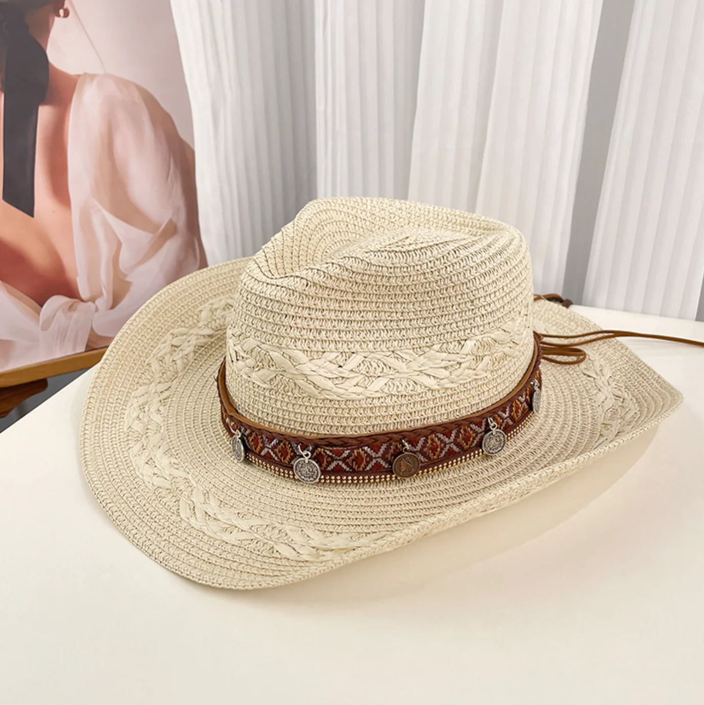 Women's Cowboy Straw Sun Hat Openwork Wide Brim Charm Band – Island Getaway