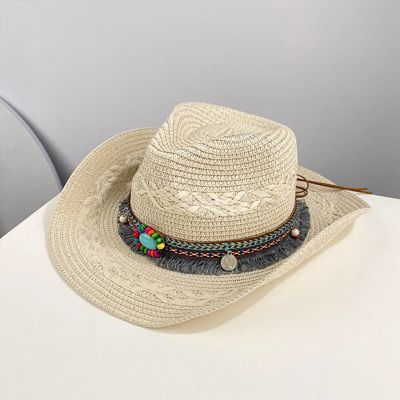 Women's Cowboy Straw Sun Hat Openwork Wide Brim Charm Band – Island Getaway