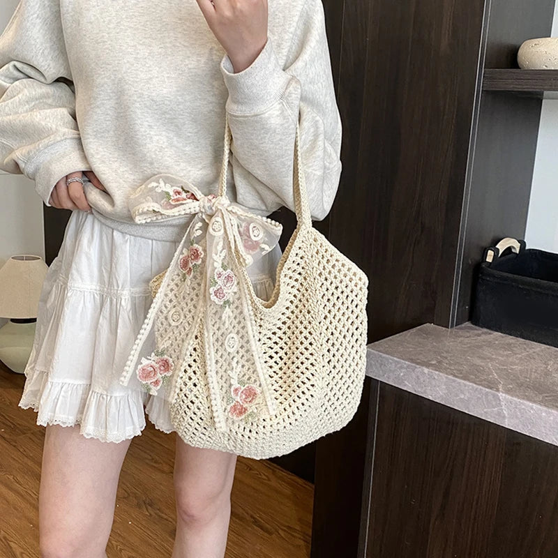 Women's Crochet Tote Bag Natural Woven Open Top – Beach Vacation