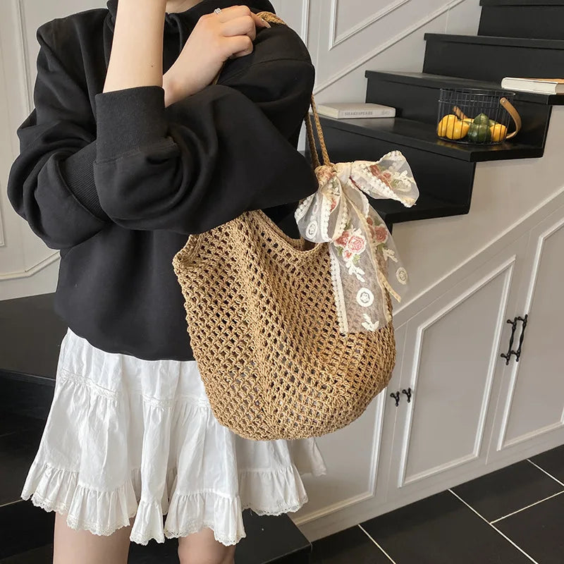 Women's Crochet Tote Bag Natural Woven Open Top – Beach Vacation
