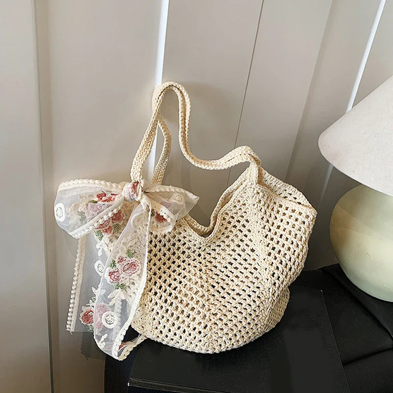 Women's Crochet Tote Bag Natural Woven Open Top – Beach Vacation