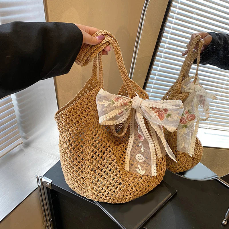 Women's Crochet Tote Bag Natural Woven Open Top – Beach Vacation