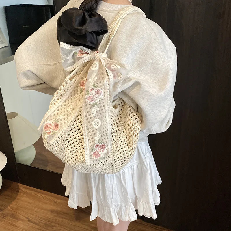 Women's Crochet Tote Bag Natural Woven Open Top – Beach Vacation