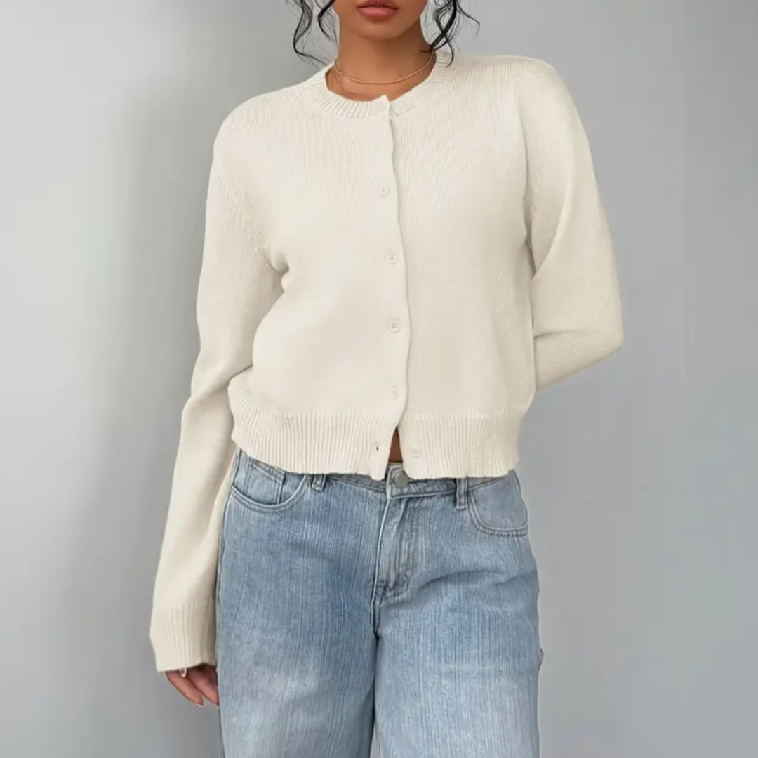 Women's Cropped Cardigan Button Front Crew Neck Ribbed Trim – Brunch Date