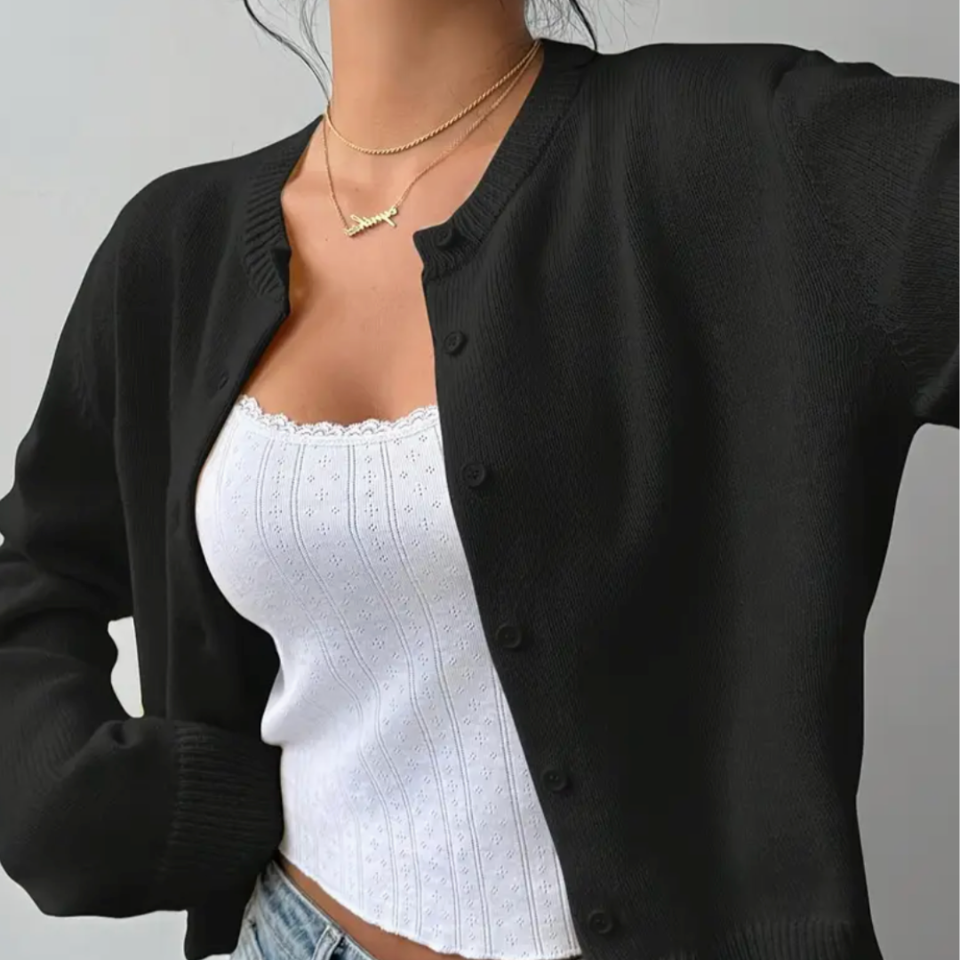 Women's Cropped Cardigan Button Front Crew Neck Ribbed Trim – Brunch Date