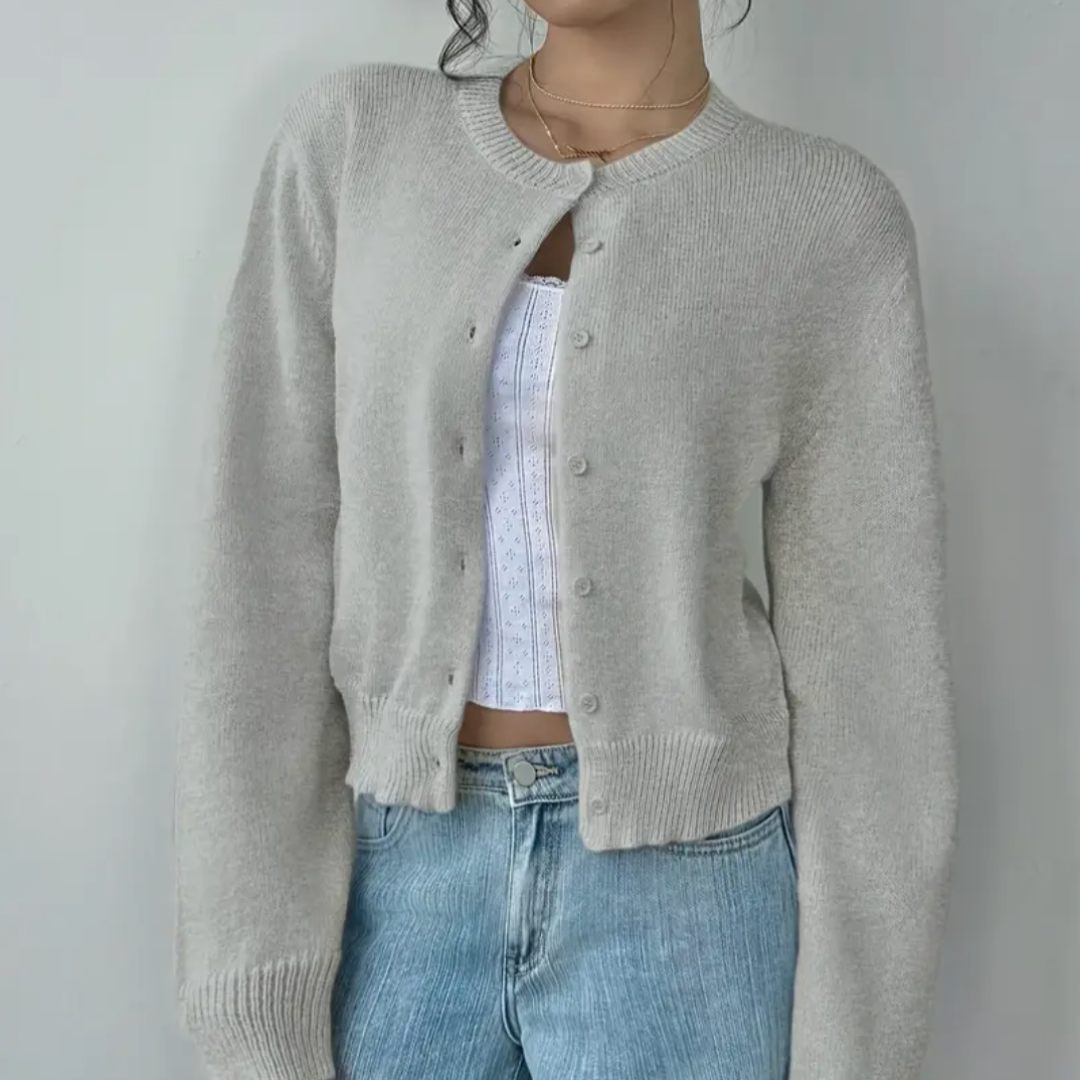 Women's Cropped Cardigan Button Front Crew Neck Ribbed Trim – Brunch Date