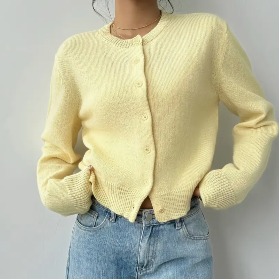 Women's Cropped Cardigan Button Front Crew Neck Ribbed Trim – Brunch Date