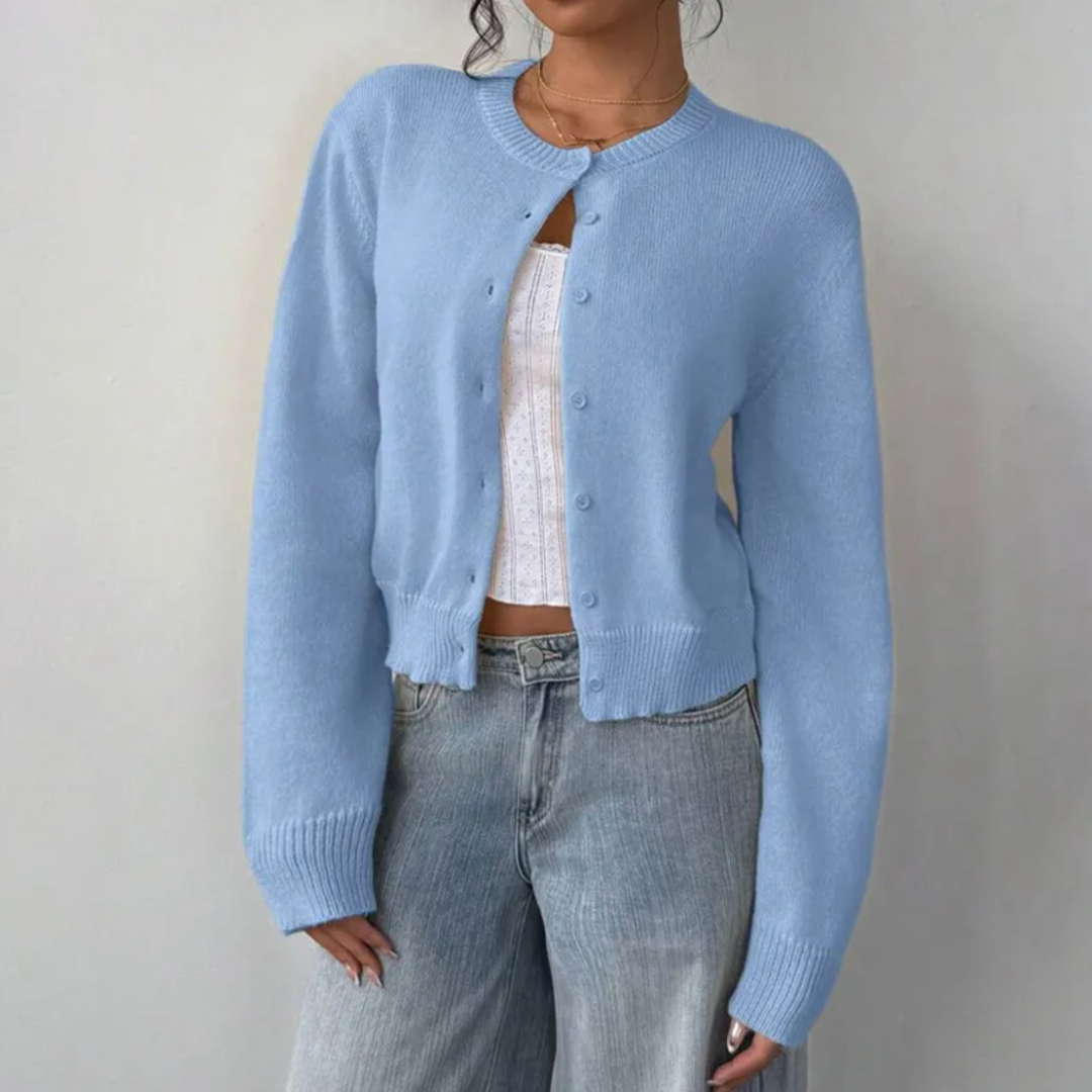 Women's Cropped Cardigan Button Front Crew Neck Ribbed Trim – Brunch Date