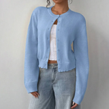 Women's Cropped Cardigan Button Front Crew Neck Ribbed Trim – Brunch Date