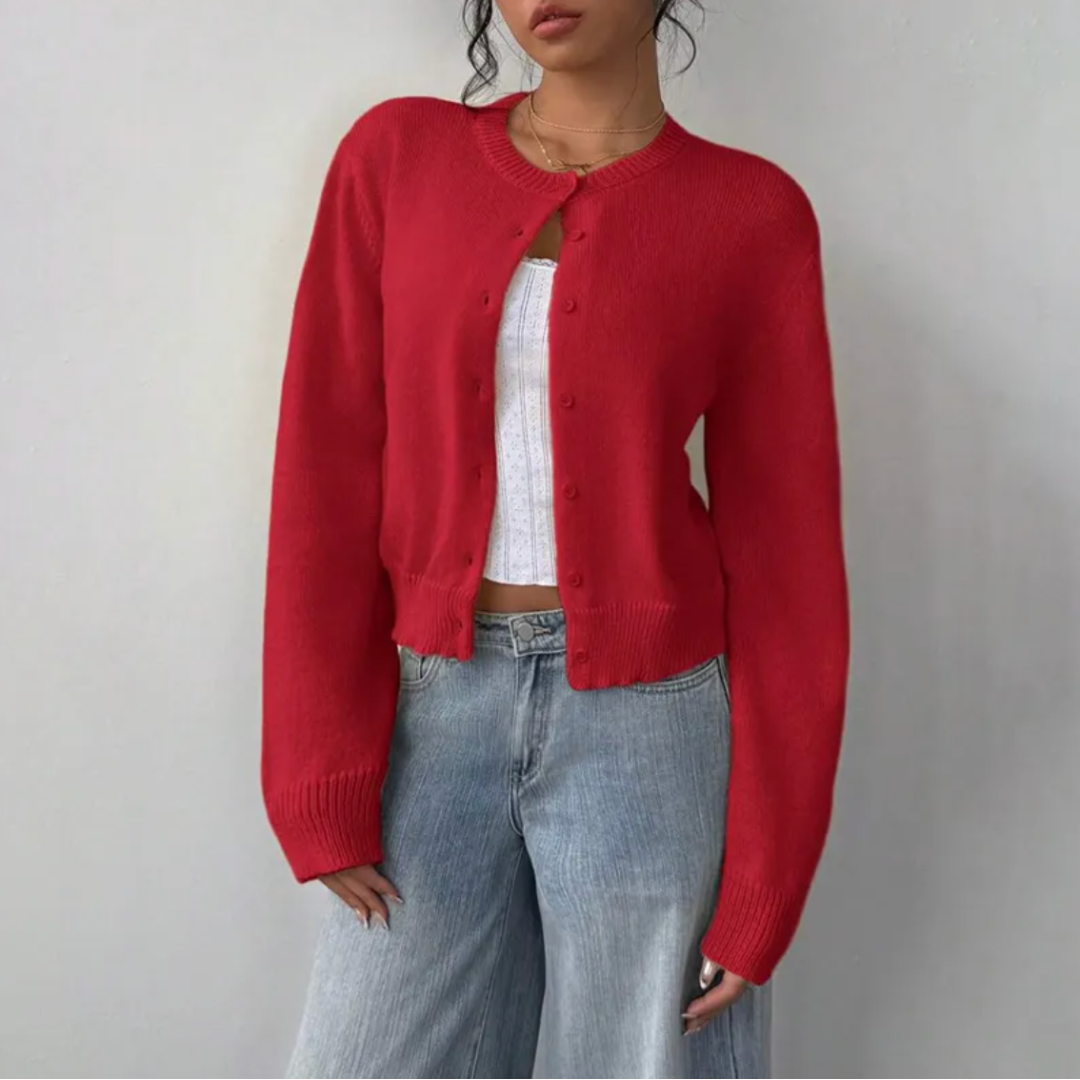 Women's Cropped Cardigan Button Front Crew Neck Ribbed Trim – Brunch Date
