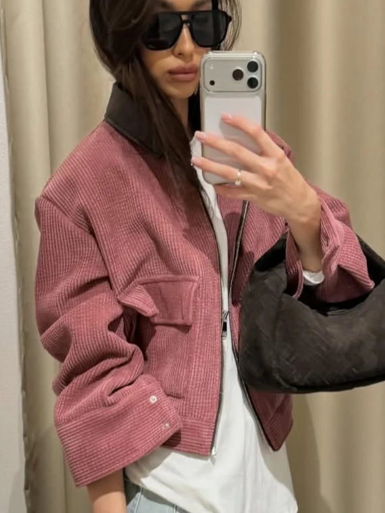 Women's Cropped Corduroy Jacket Zip Front Point Collar – Weekend Plans