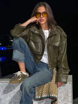 Women's Cropped Leather Look Jacket Zip Front Stand Collar Chest Pocket – Night Out