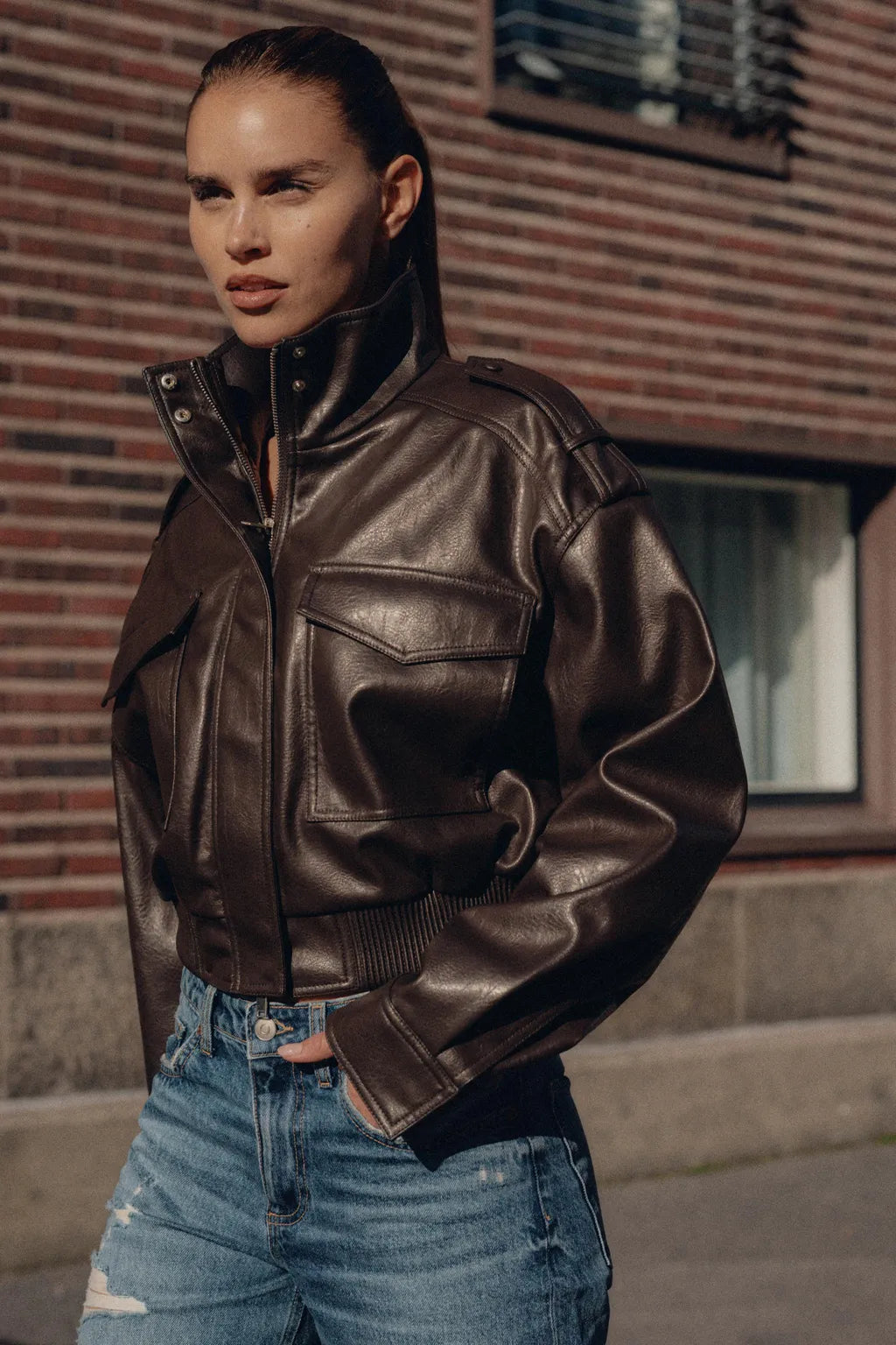 Women's Cropped Leather Look Jacket Zip Front Stand Collar Chest Pocket – Night Out
