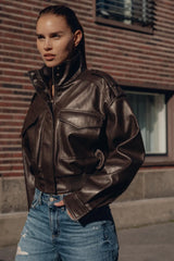 Women's Cropped Leather Look Jacket Zip Front Stand Collar Chest Pocket – Night Out