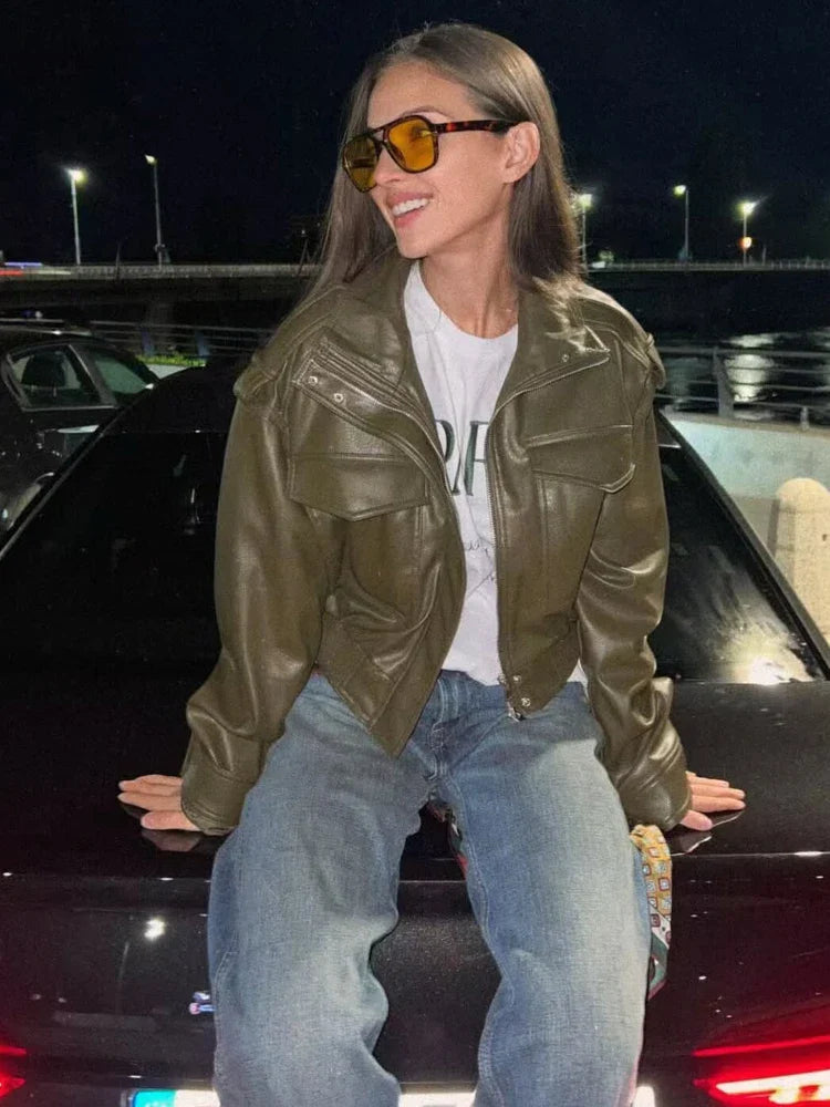 Women's Cropped Leather Look Jacket Zip Front Stand Collar Chest Pocket – Night Out