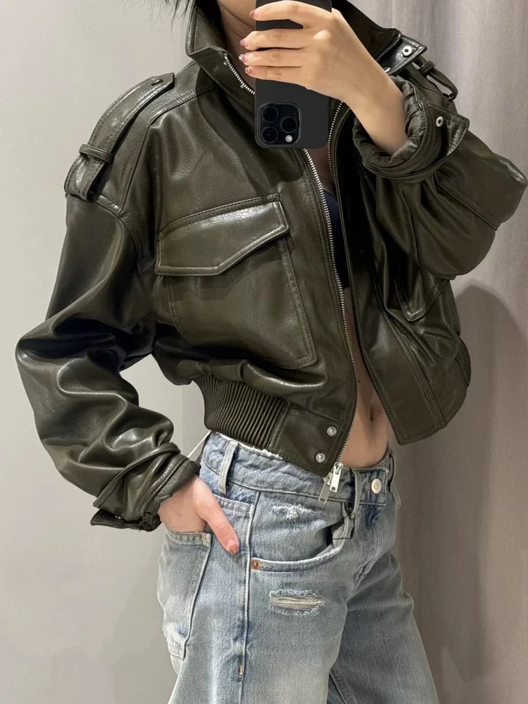 Women's Cropped Leather Look Jacket Zip Front Stand Collar Chest Pocket – Night Out