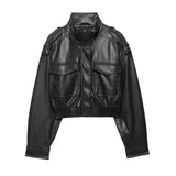Women's Cropped Leather Look Jacket Zip Front Stand Collar Chest Pocket – Night Out