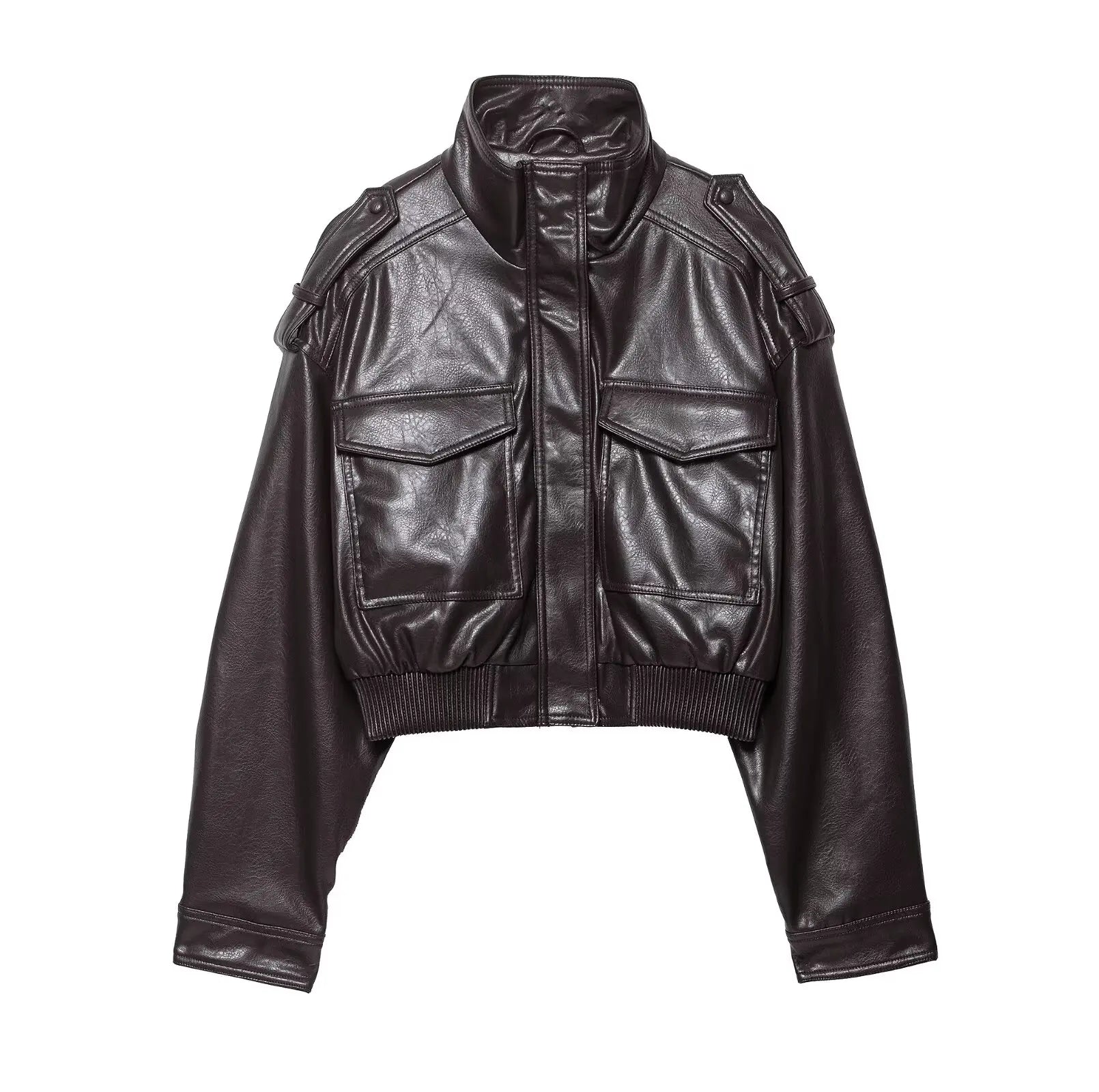 Women's Cropped Leather Look Jacket Zip Front Stand Collar Chest Pocket – Night Out