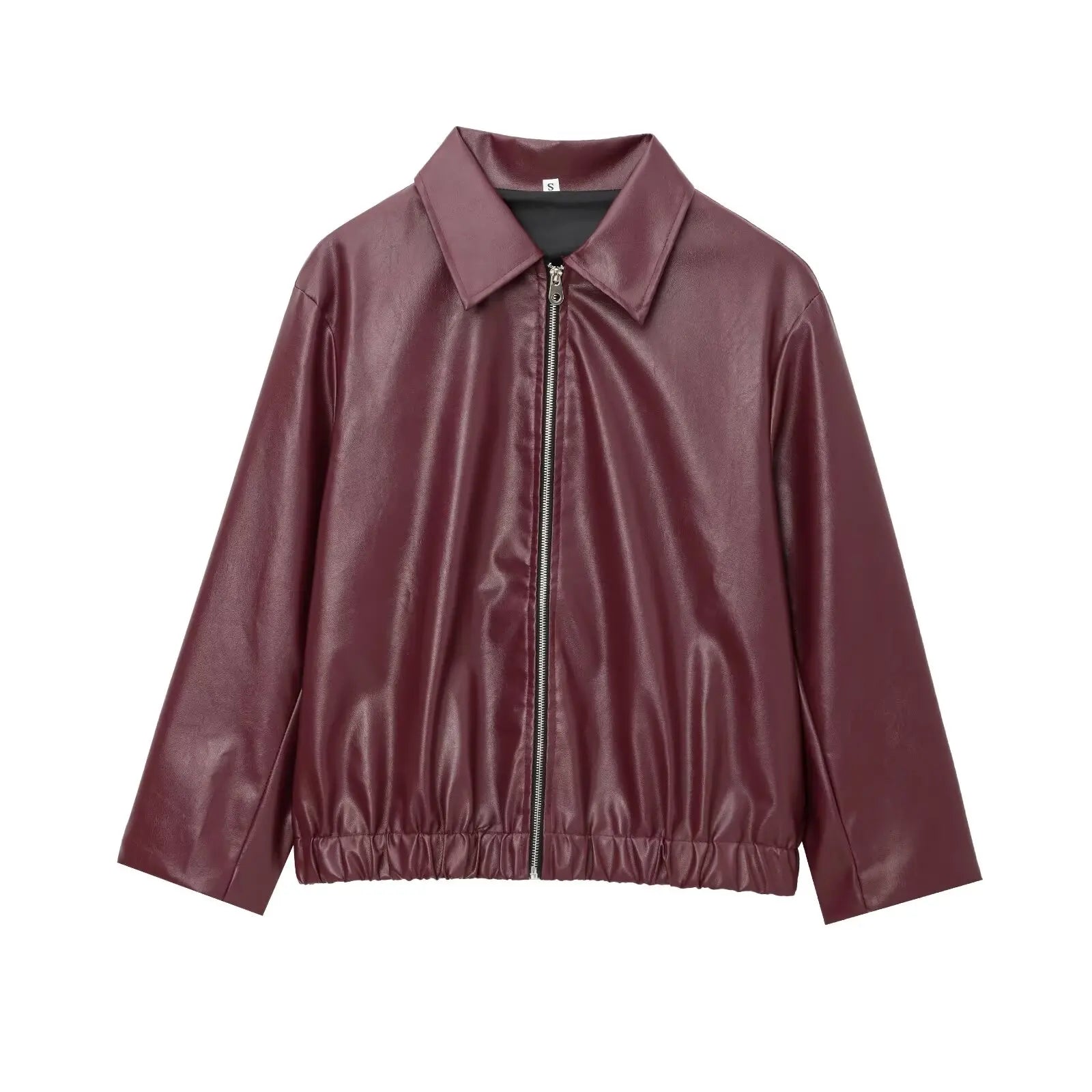 Women's Cropped Leather Look Jacket Zip Front Wide Collar Gathered Hem – Bike Ride
