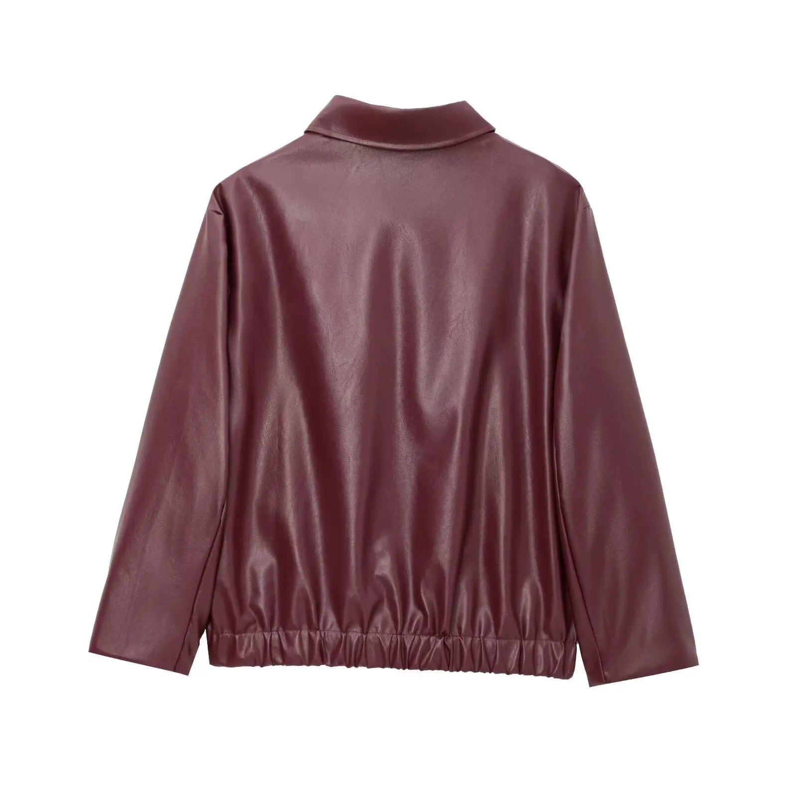 Women's Cropped Leather Look Jacket Zip Front Wide Collar Gathered Hem – Bike Ride