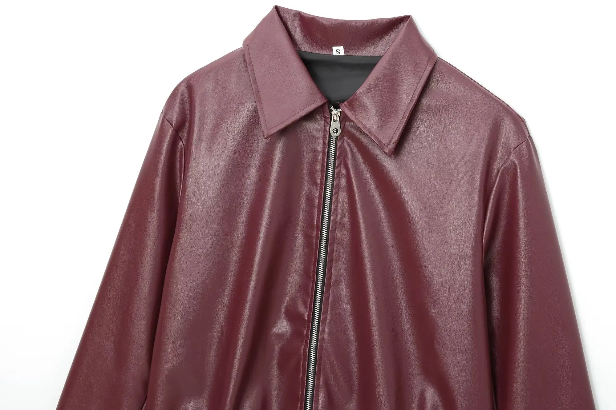 Women's Cropped Leather Look Jacket Zip Front Wide Collar Gathered Hem – Bike Ride