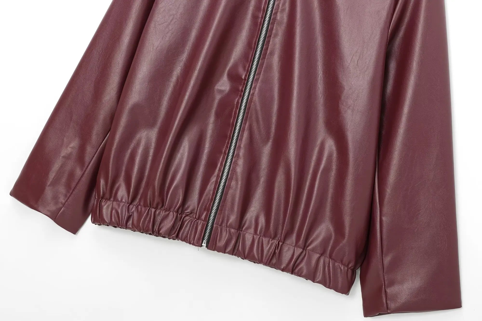 Women's Cropped Leather Look Jacket Zip Front Wide Collar Gathered Hem – Bike Ride