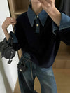 Women's Denim Collar Sweater Button Placket Long Sleeve Ribbed Hem – Campus Errands