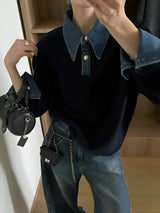 Women's Denim Collar Sweater Button Placket Long Sleeve Ribbed Hem – Campus Errands