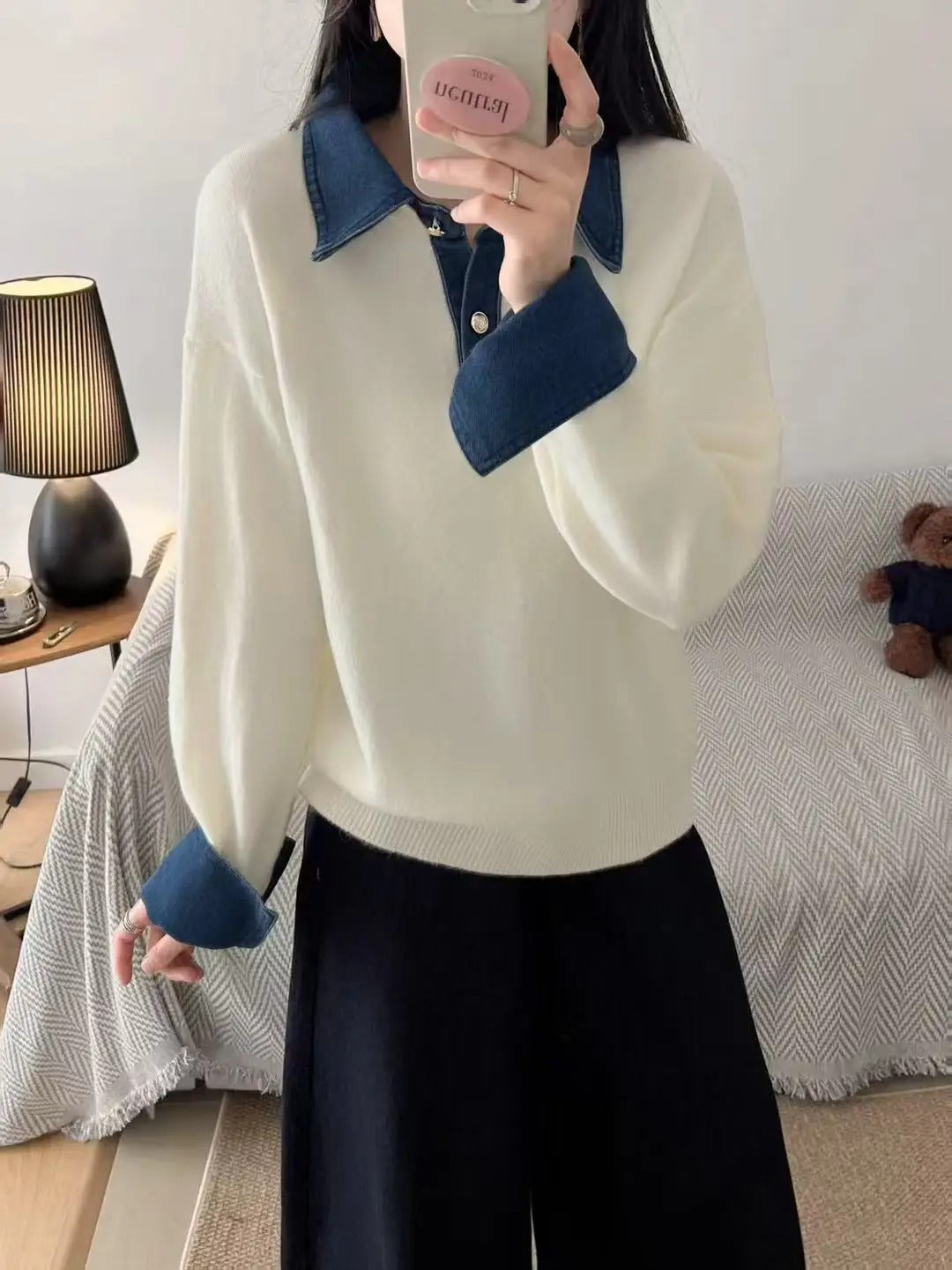 Women's Denim Collar Sweater Button Placket Long Sleeve Ribbed Hem – Campus Errands